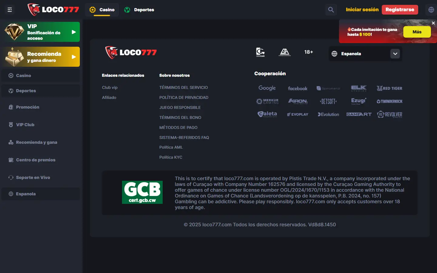 Menú de información y soporte de LOCO777